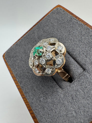 Antique 18ct gold emerald and diamond cluster ring