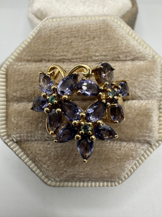 9ct gold topaz and tanzanite flower cluster ring