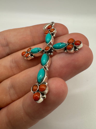 Silver coral and turquoise cross pendant