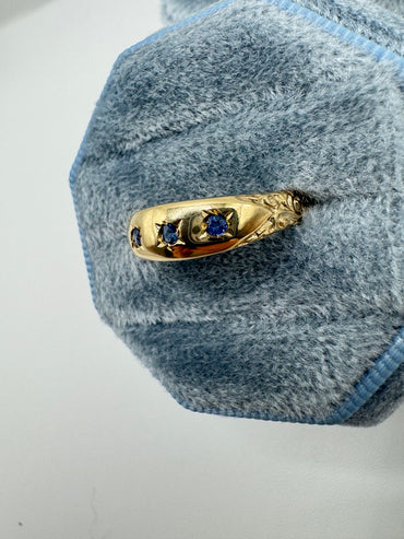 9ct gold engraved London blue topaz gypsy ring