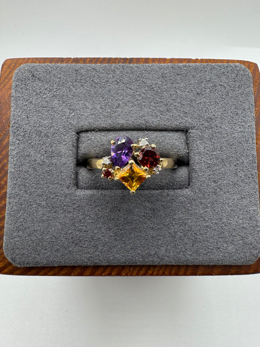 9ct gold amethyst, citrine, garnet and diamond ring