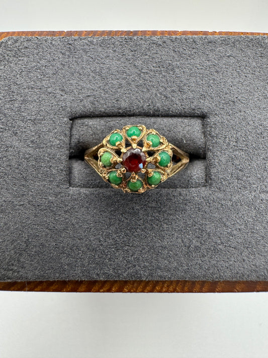 Antique 9ct gold garnet and turquoise cluster ring