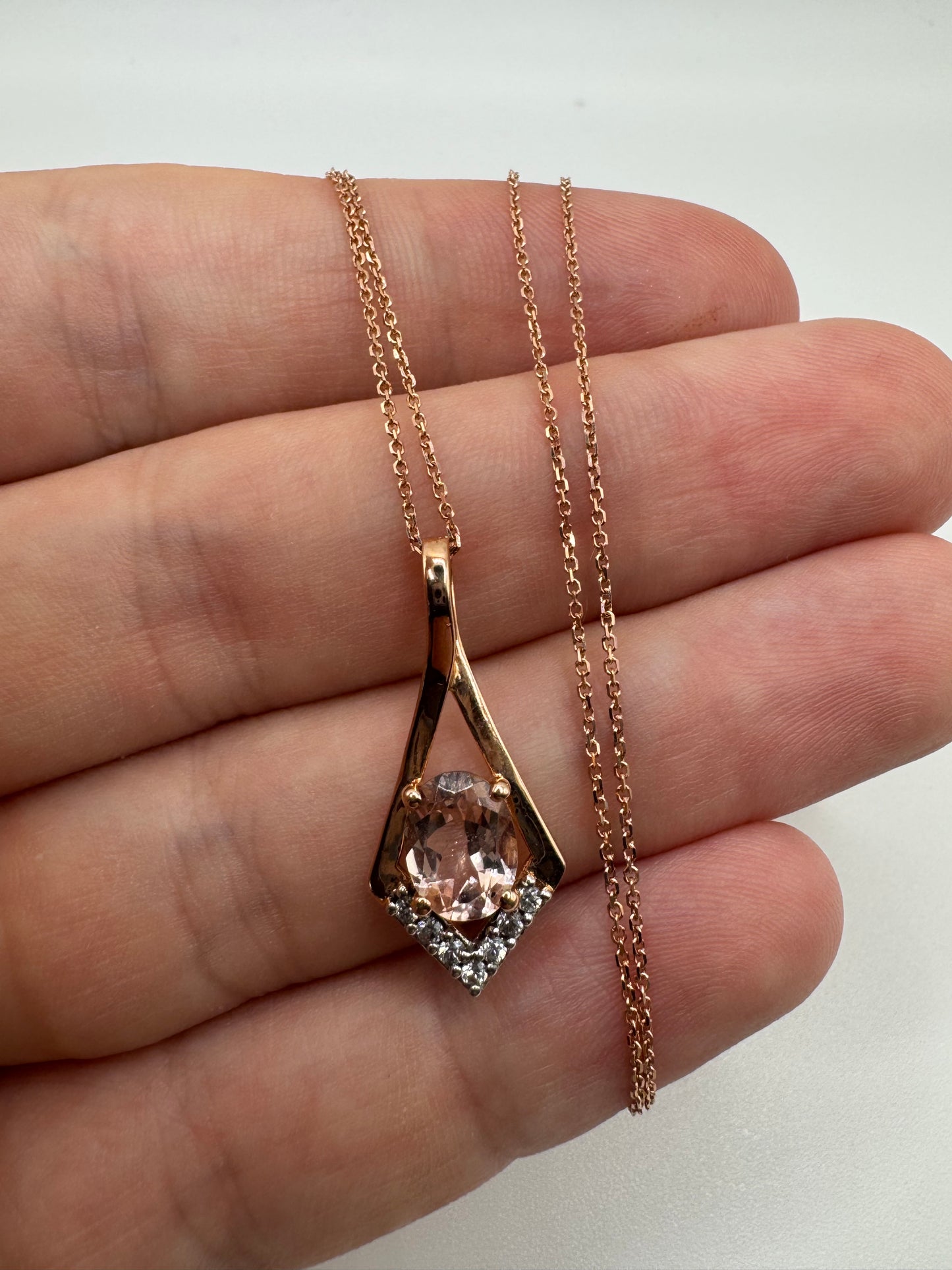 9ct rose gold morganite and zircon necklace (16”)