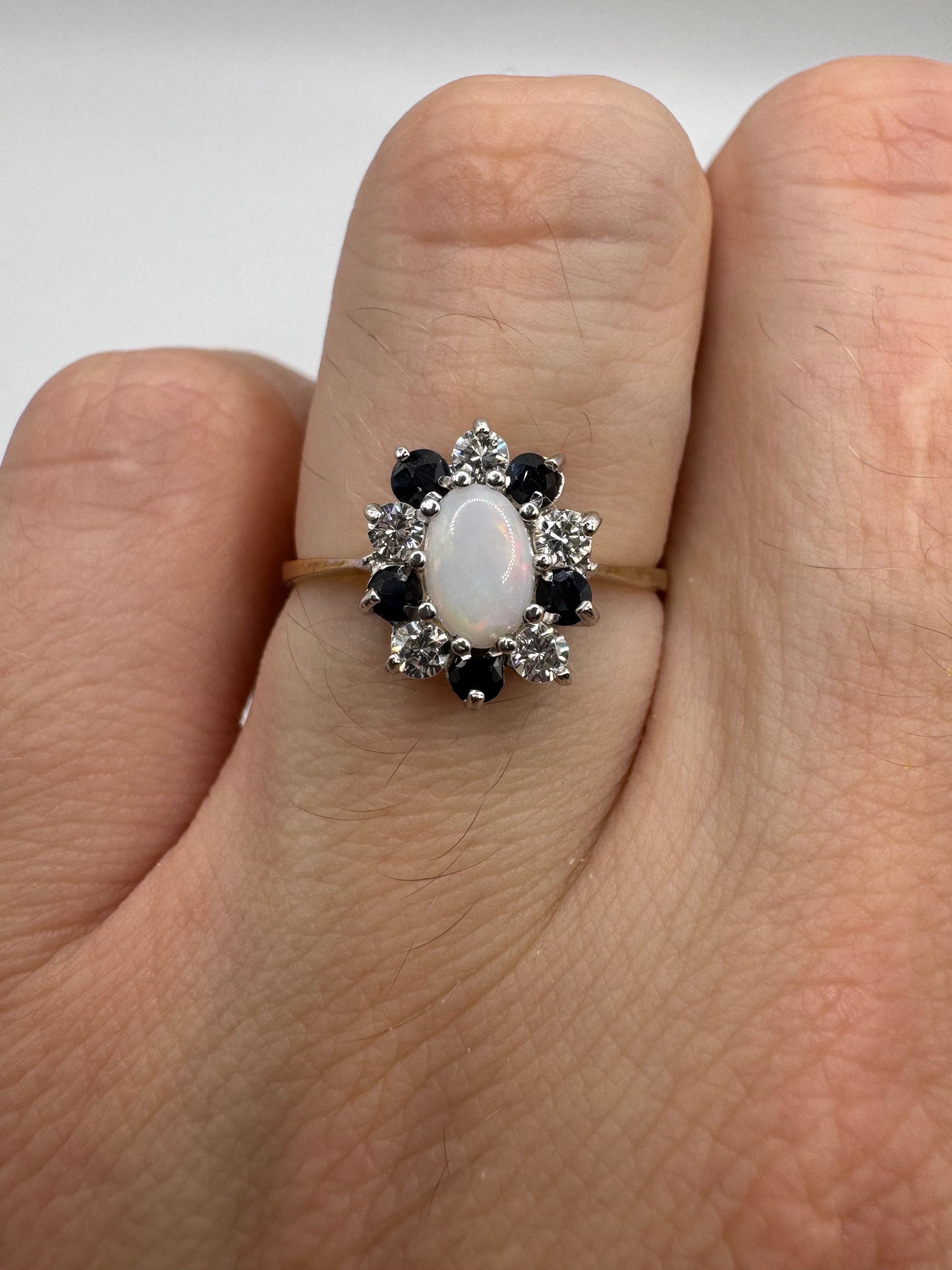 9ct gold opal, sapphire and cz ring