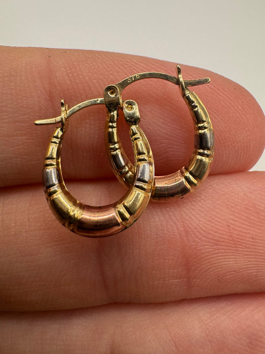 9ct tri-gold bamboo style creole earrings