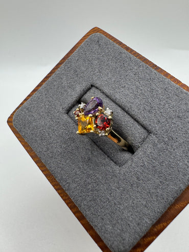 9ct gold amethyst, citrine, garnet and diamond ring