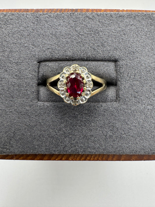 9ct gold spinel and diamond cluster ring