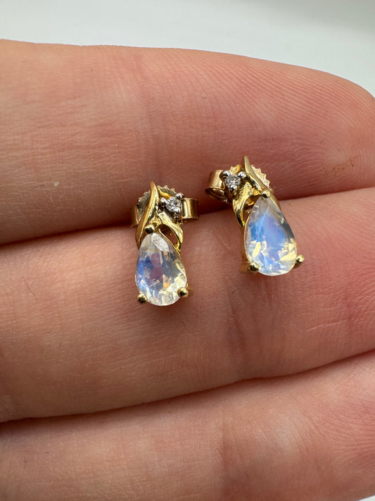 9ct gold rainbow moonstone and diamond earrings