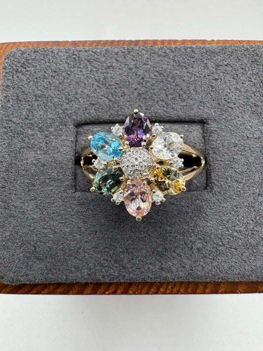 9ct gold multi-gemstone and zircon flower ring