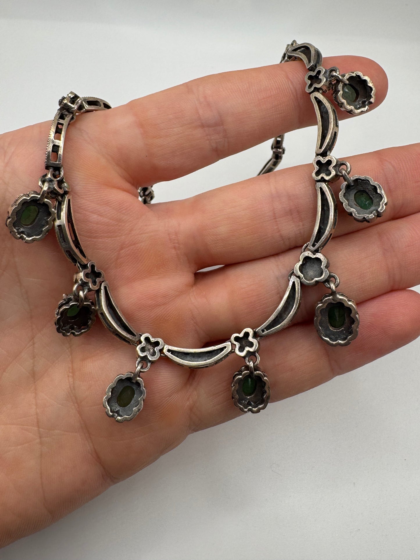 Heavy silver emerald and marcasite necklace