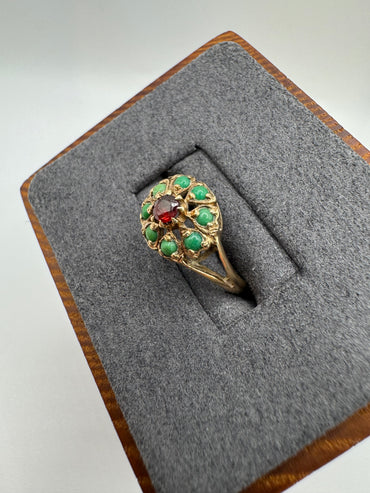 Antique 9ct gold garnet and turquoise cluster ring