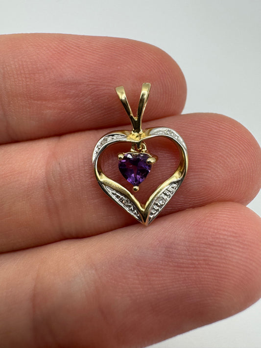 9ct gold amethyst and diamond heart pendant