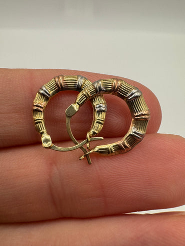 9ct tri-gold bamboo creole earrings