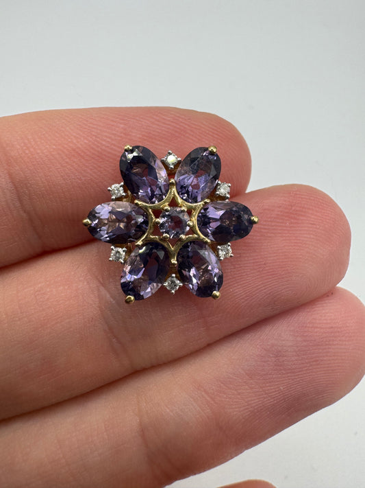 9ct gold iolite and diamond cluster pendant