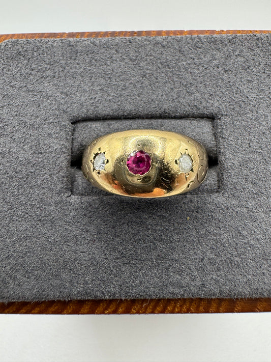 Antique 9ct gold 3 stone ruby and diamond engraved gypsy ring