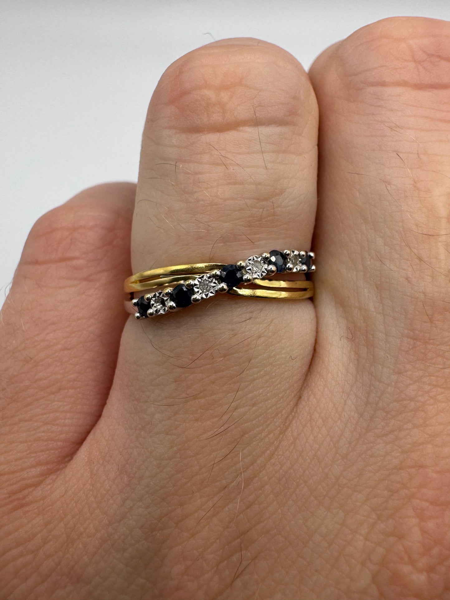 9ct gold sapphire and diamond crossover ring