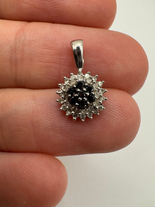 9ct white gold diamond (inc black diamonds) cluster pendant