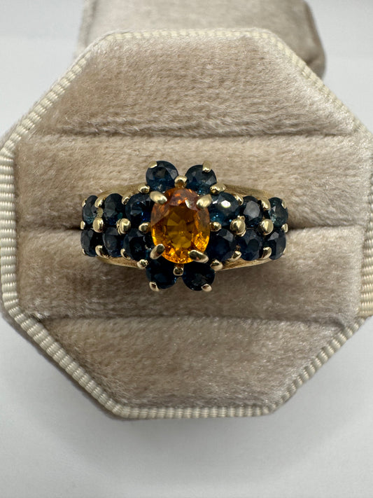 Heavy 9ct gold imperial and London blue topaz cluster ring