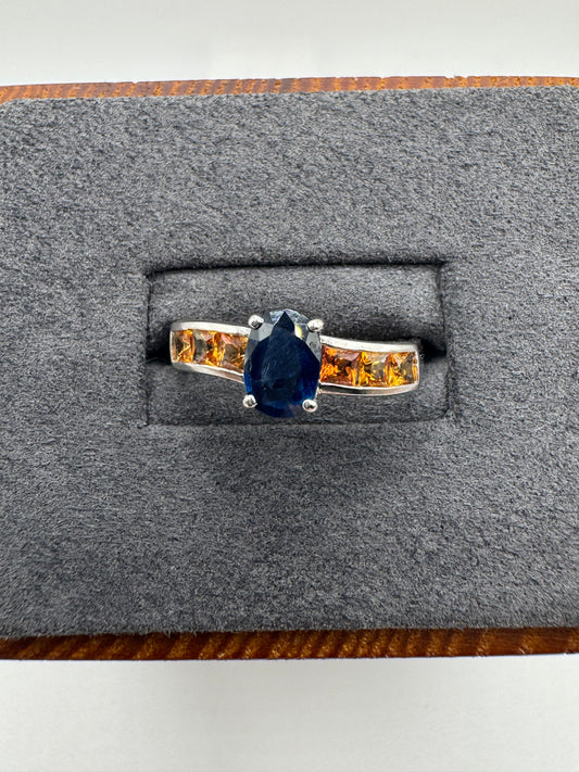 9ct white gold kyanite and orange sapphire ring