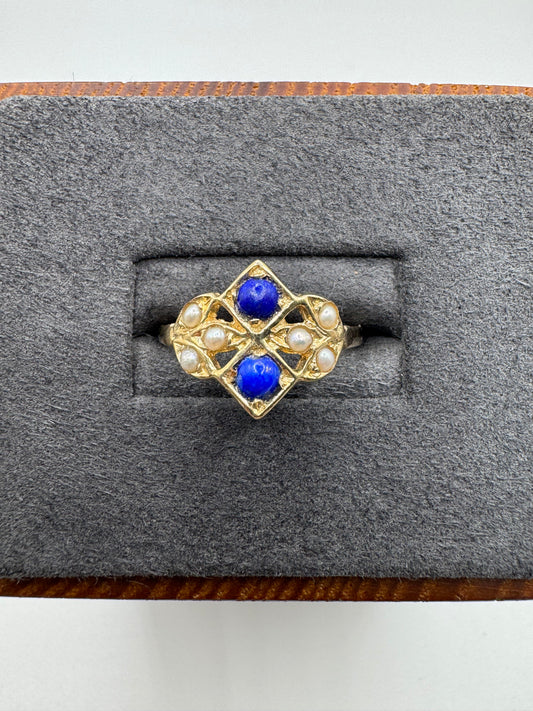 9ct gold lapis lazuli and pearl cluster ring