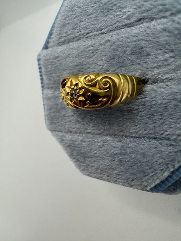 Antique 18ct gold ruby and diamond engraved gypsy ring