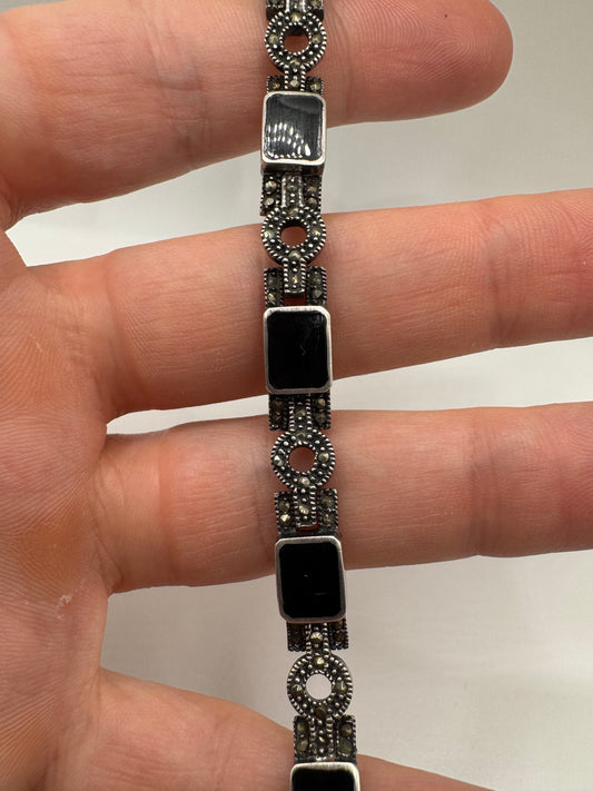 Silver jet and marcasite bracelet