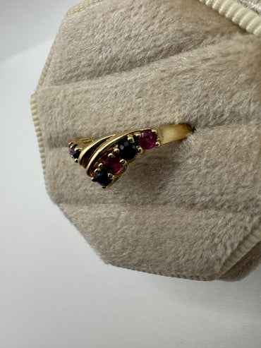 9ct gold ruby and sapphire wishbone ring