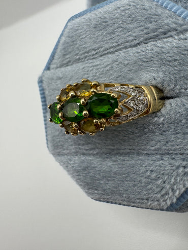9ct gold diopside, citrine and diamond ring