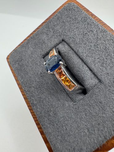 9ct white gold kyanite and orange sapphire ring