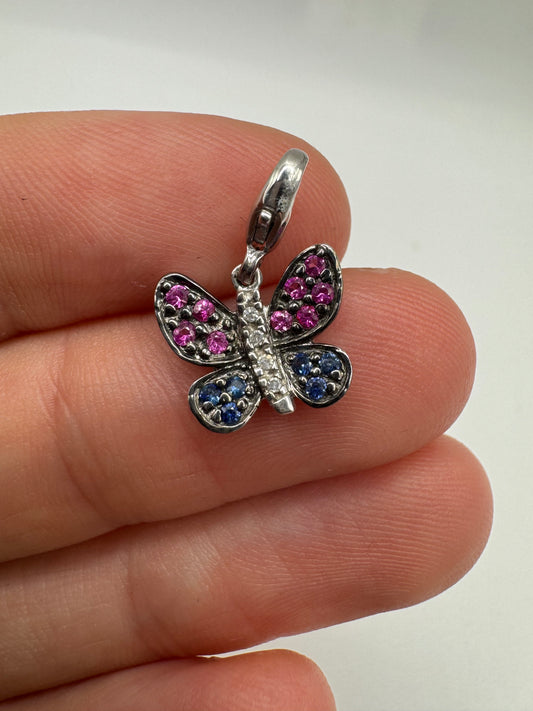 9ct white gold ruby, sapphire and diamond butterfly pendant (clasp bale)