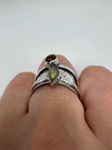 Silver tigers eye and teal quartz spinning ring (9-S)