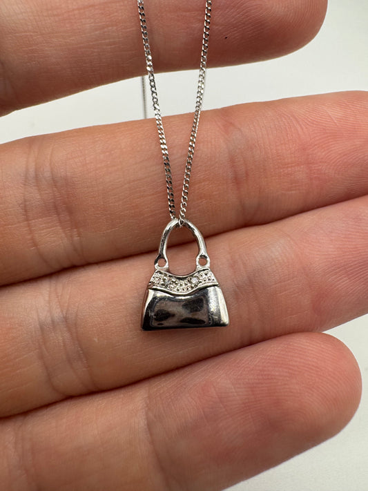 9ct white gold diamond handbag necklace