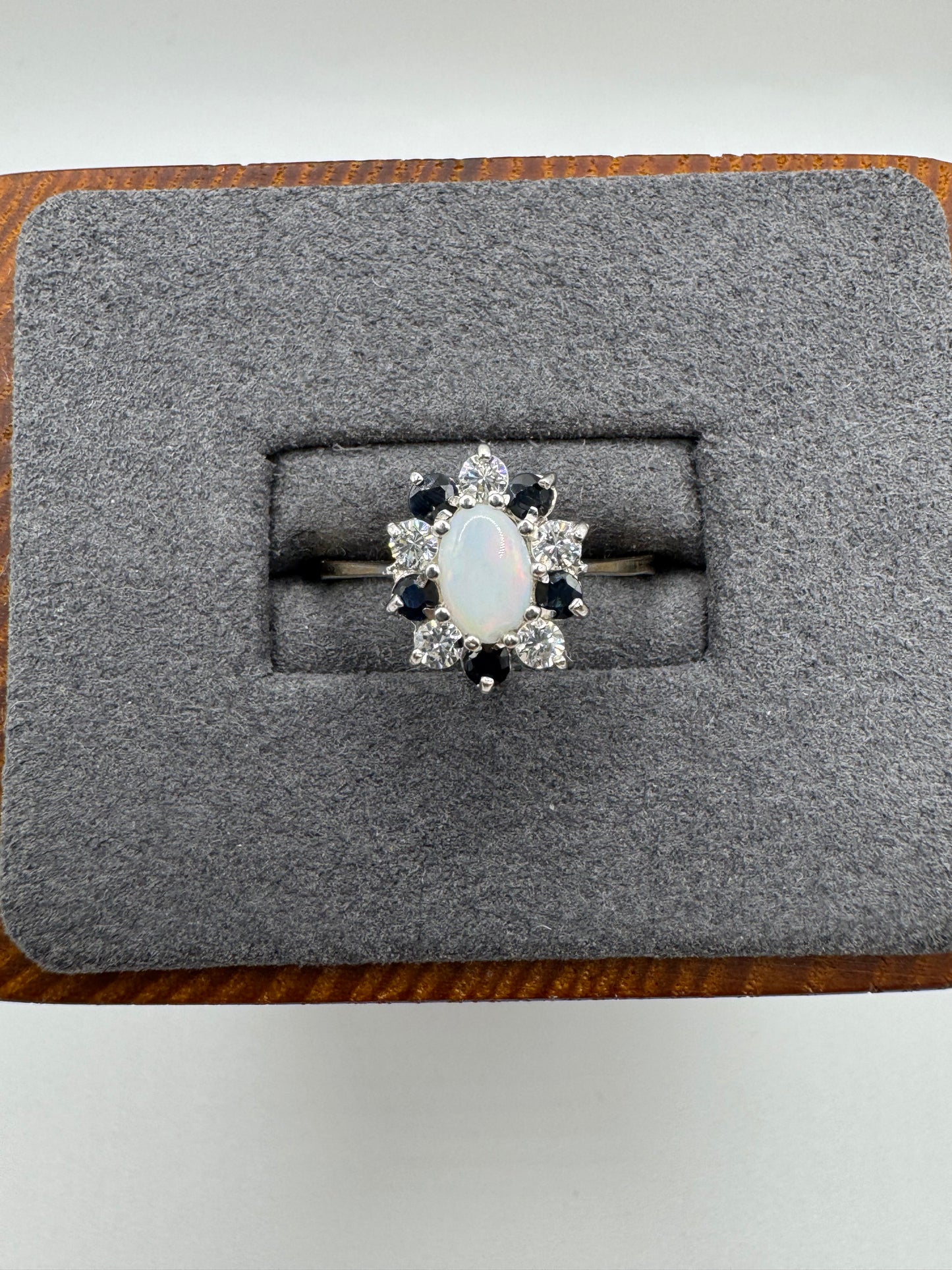 9ct gold opal, sapphire and cz ring