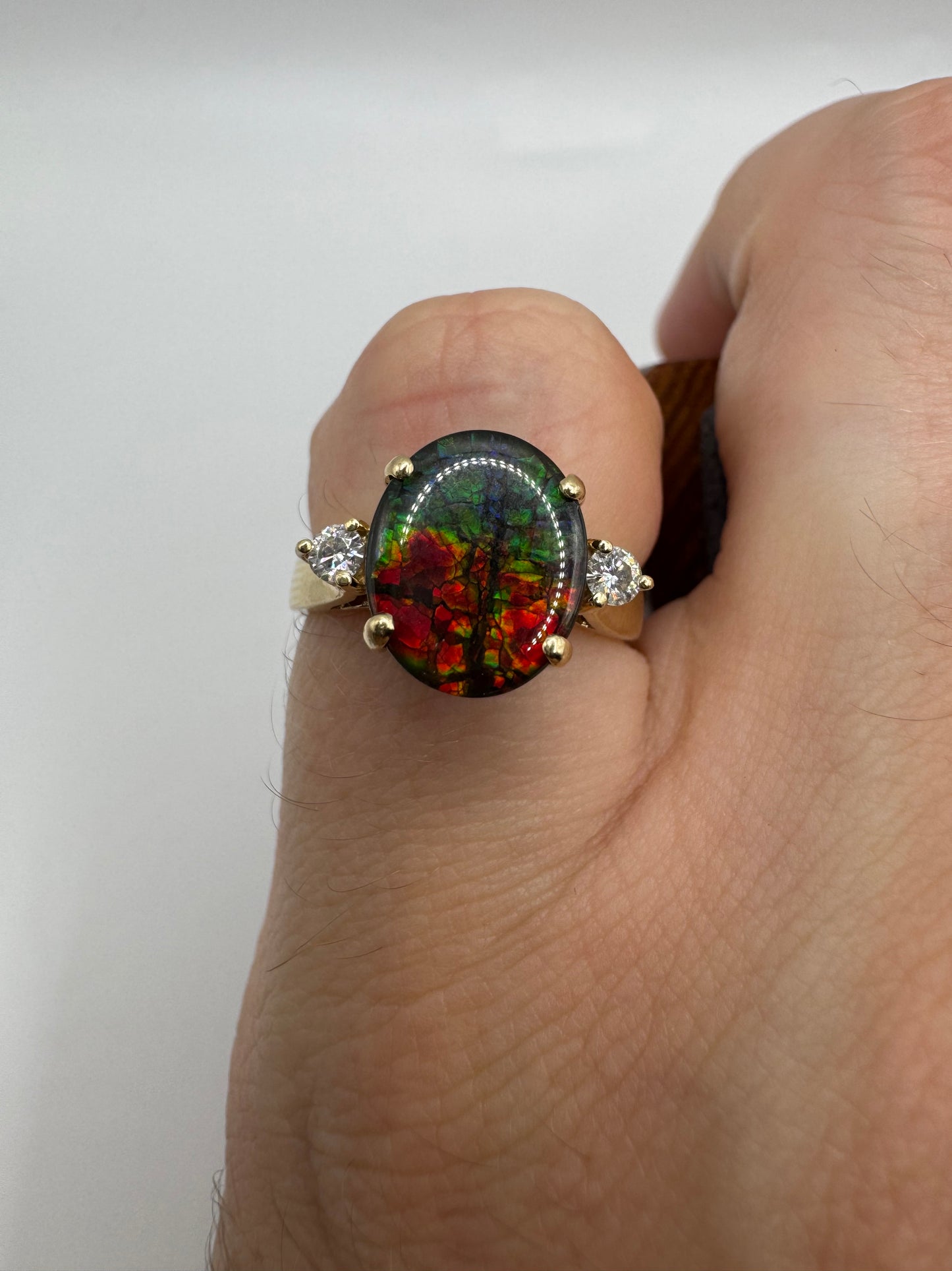 14ct gold ammolite and diamond ring