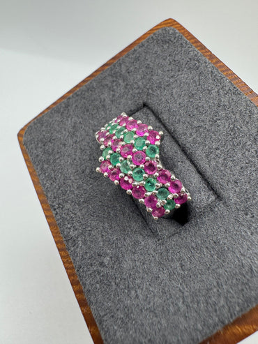 9ct white gold ruby and emerald ring
