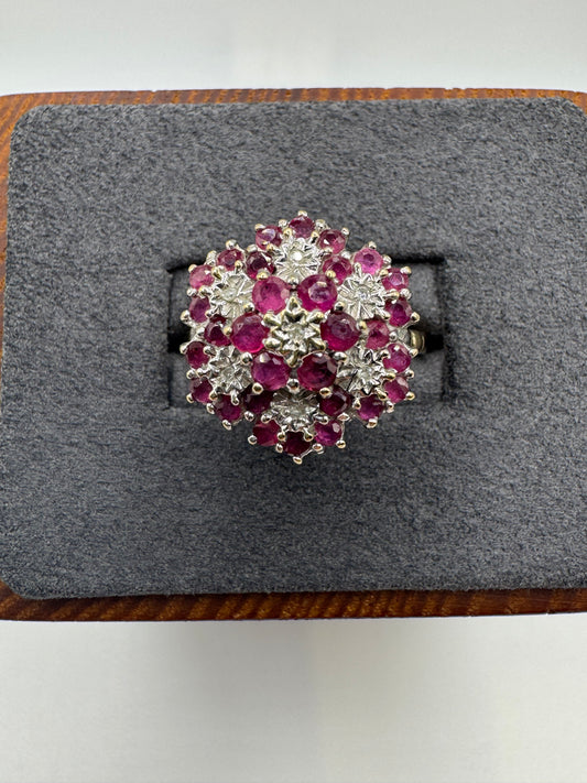 9ct gold ruby and diamond cluster ring