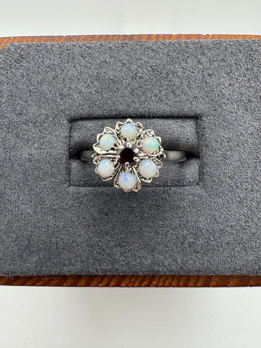 Antique 9ct two-tone gold garnet and opal cluster ring