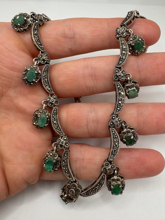 Heavy silver emerald and marcasite necklace