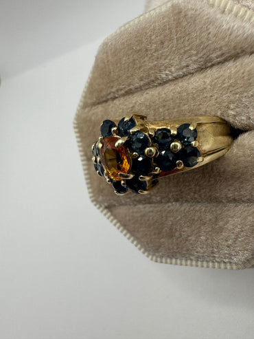 Heavy 9ct gold imperial and London blue topaz cluster ring