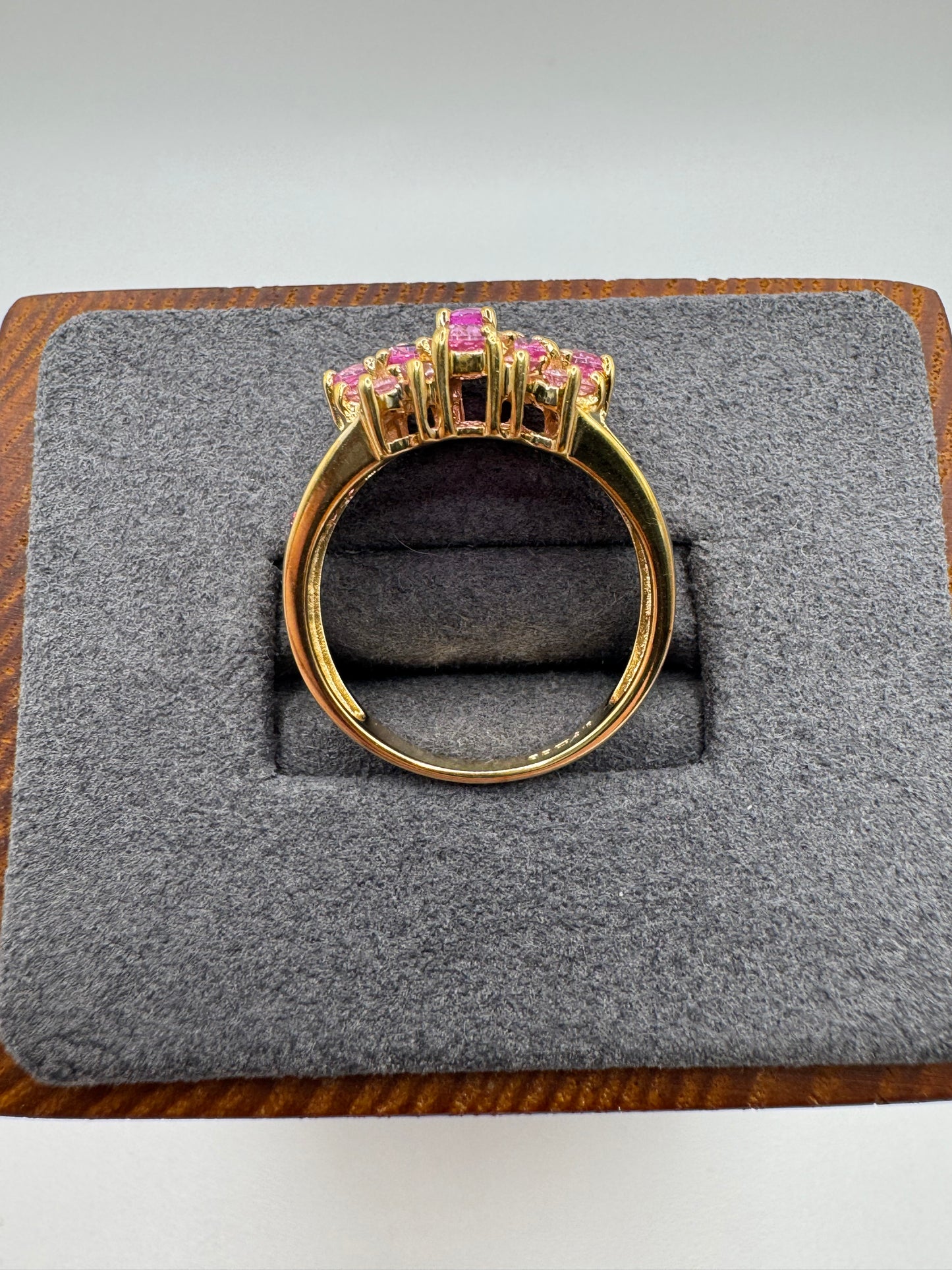 Heavy 9ct gold pink sapphire and pink topaz ring