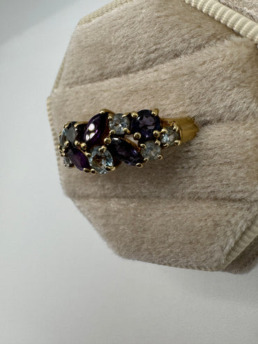 9ct gold amethyst, tanzanite and topaz ring