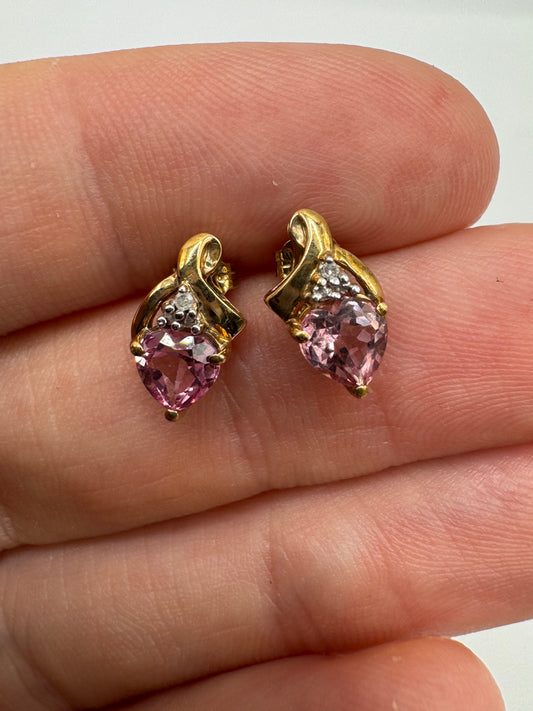 9ct gold pink sapphire and diamond heart earrings