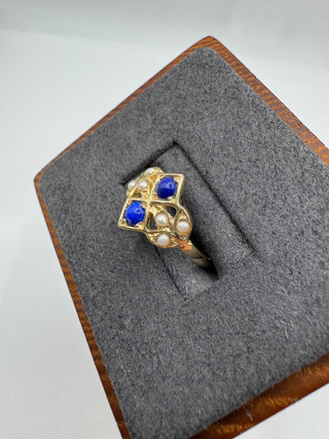 9ct gold lapis lazuli and pearl cluster ring