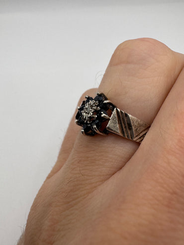 Silver sapphire and diamond ring