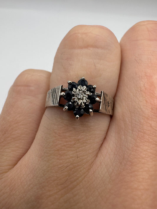 Silver sapphire and diamond ring