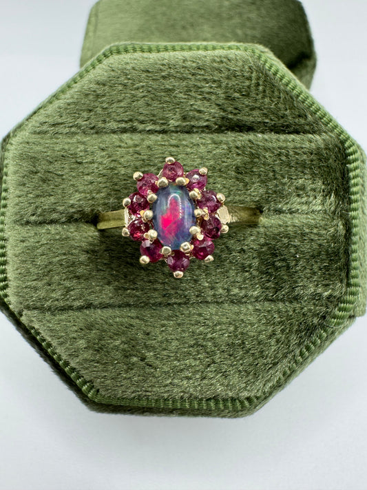 9ct gold black opal triplet and ruby ring