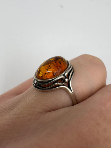 Silver amber ring