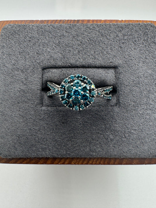 9ct white gold blue diamond cluster ring