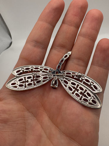 Silver garnet dragonfly brooch