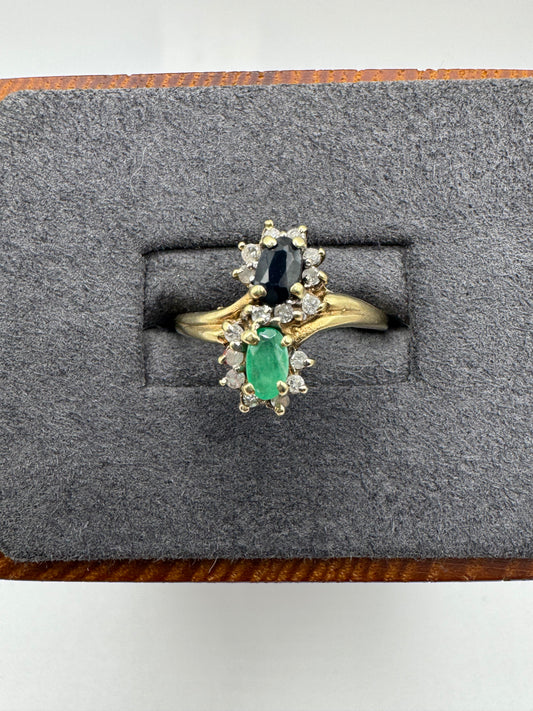 9ct gold sapphire, emerald and diamond cluster ring